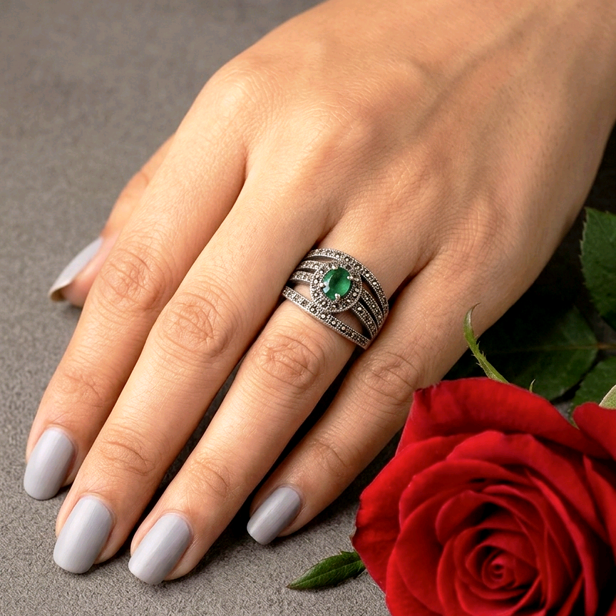 Oval Emerald Marcasite Silver Ring